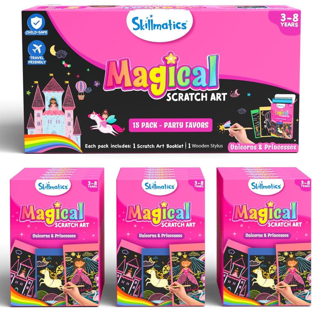 image:imageSkillmatics Party Favors Pack of 15  Magical Scratch Art Set for Kids Unicorns amp Princesses Pink Goodie Bag DIY Art amp Craft Activity Gifts for Girls Boys Ages 3 4 5 6 7 85 Scratch Art Unicorns  Princesses