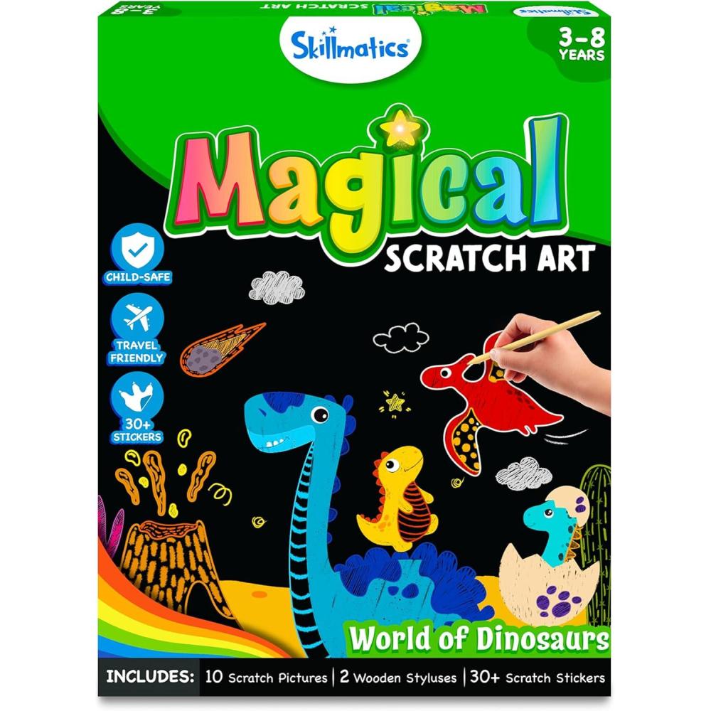 image:imageSkillmatics Scratch Art Book for Kids  Unicorns amp Princesses Craft Kits amp Supplies 30 Scratch Stickers Travel Toys DIY Kit Valentines Day Gifts for Girls amp Boys Ages 3 4 5 6 7 83 Dinosaurs