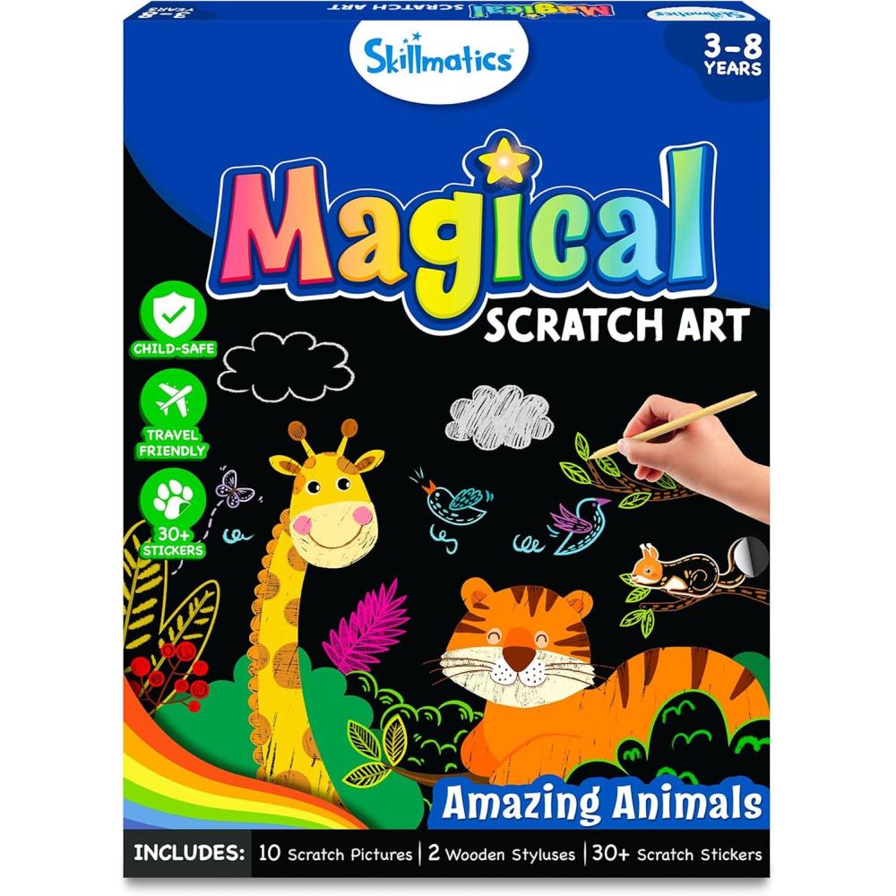 image:imageSkillmatics Scratch Art Book for Kids  Unicorns amp Princesses Craft Kits amp Supplies 30 Scratch Stickers Travel Toys DIY Kit Valentines Day Gifts for Girls amp Boys Ages 3 4 5 6 7 81 Animals