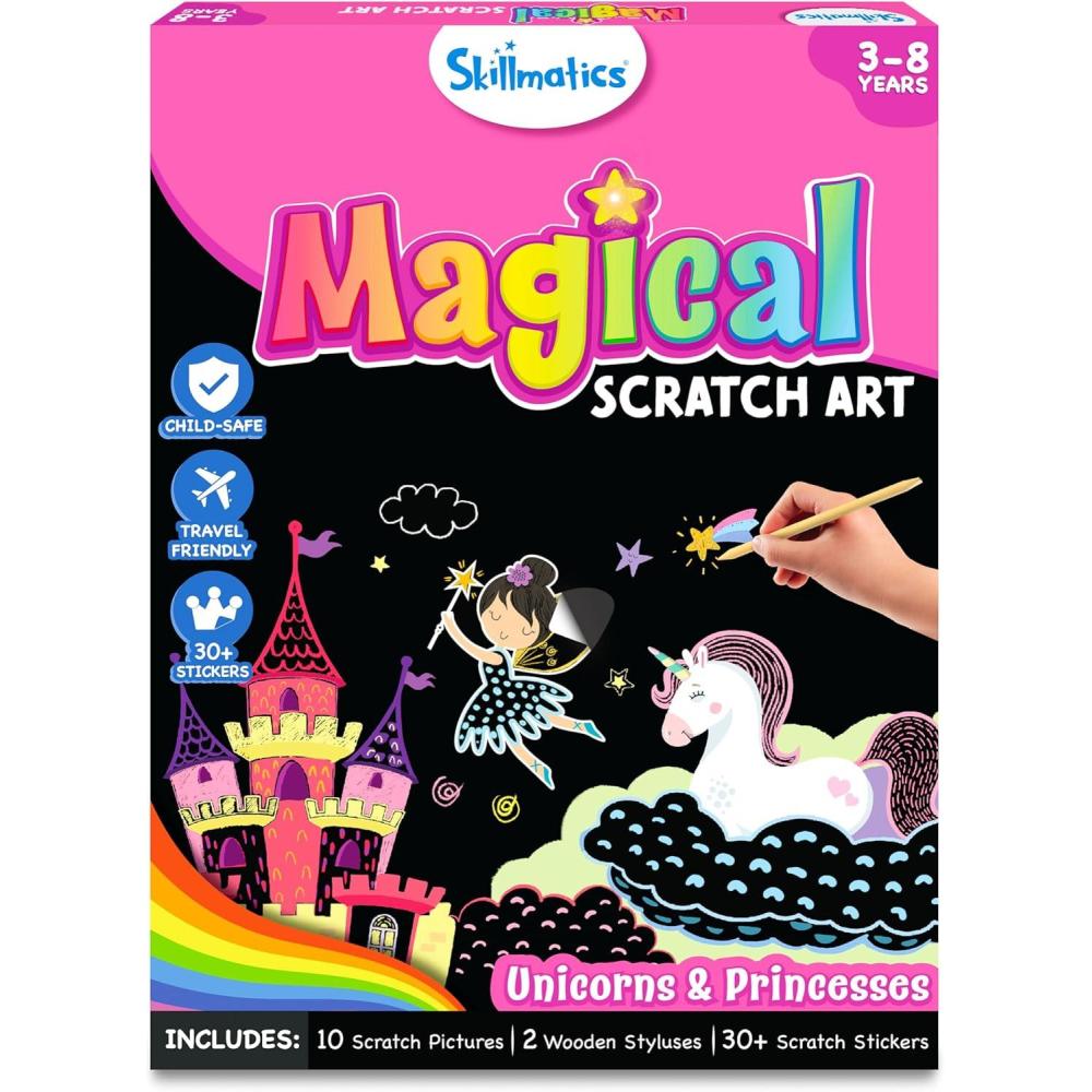 image:imageSkillmatics Scratch Art Book for Kids  Unicorns amp Princesses Craft Kits amp Supplies 30 Scratch Stickers Travel Toys DIY Kit Valentines Day Gifts for Girls amp Boys Ages 3 4 5 6 7 82 Unicorns  Princesses