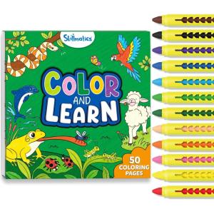 Skillmatics Color & Learn Activity Book – Letters, Numbers, Phonics & Shapes, 12 Retractable Mess-Free Crayons & 50 Pages, Educational Gift for Toddlers and Preschoolers Ages 3, 4, 5, 6(Animals)