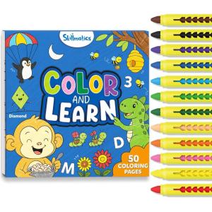 Skillmatics Color & Learn Activity Book – Letters, Numbers, Phonics & Shapes, 12 Retractable Mess-Free Crayons & 50 Pages, Educational Gift for Toddlers and Preschoolers Ages 3, 4, 5, 6(Letters  Numbers  Phonics & Shapes)