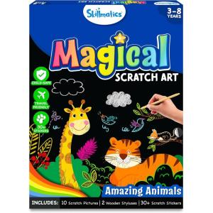 Skillmatics Scratch Art Book for Kids – Unicorns & Princesses, Craft Kits & Supplies, 30+ Scratch Stickers, Travel Toys, DIY Kit, Valentine’s Day Gifts for Girls & Boys Ages 3, 4, 5, 6, 7, 8(1. Animals)