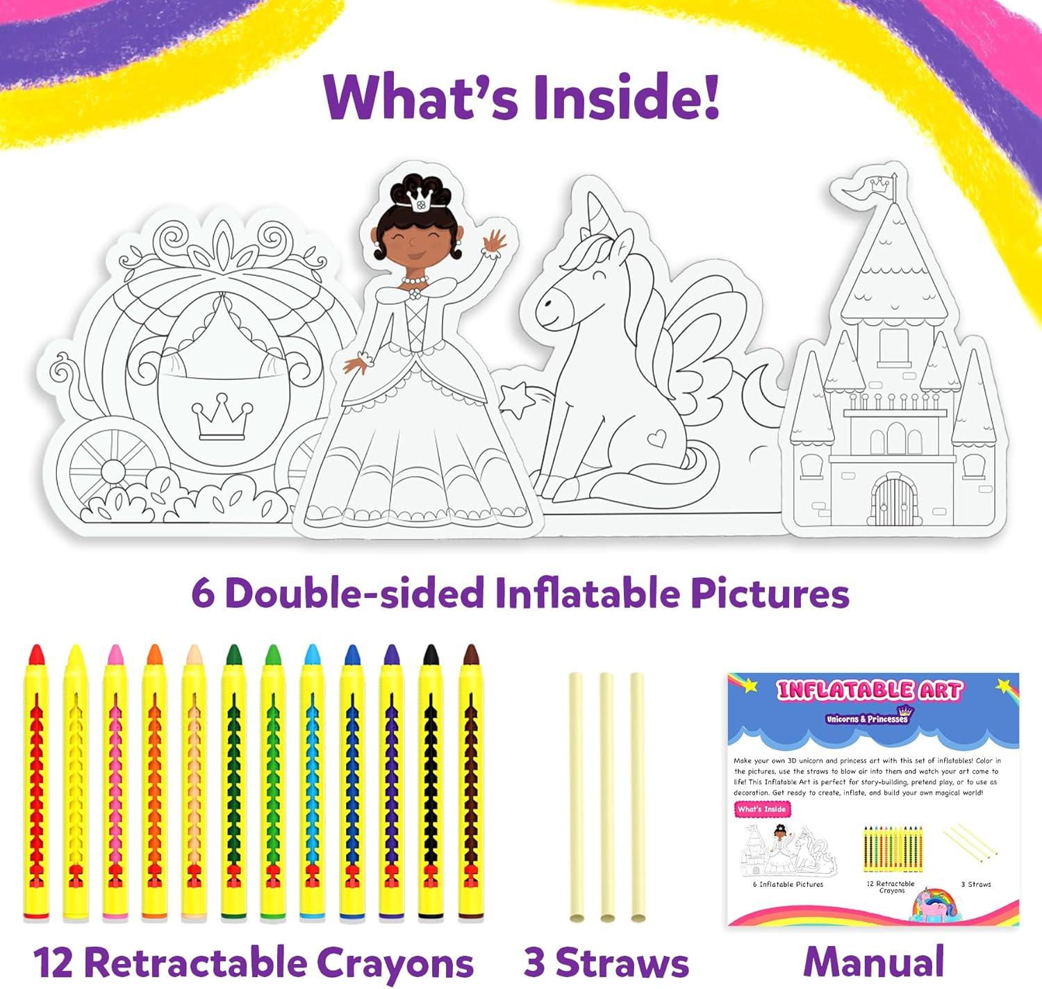 image:imageSkillmatics Inflatable Art Unicorns amp Princesses  3D DIY Craft Kit for Kids MessFree Coloring Set with Crayons amp Straws Gift for Girls amp Boys Ages 4 5 6 7