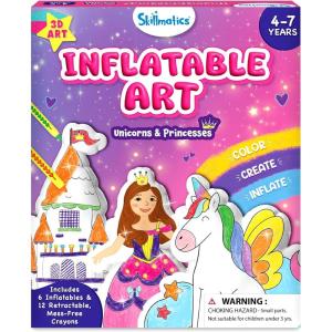 Skillmatics Inflatable Art Unicorns & Princesses – 3D DIY Craft Kit for Kids, Mess-Free Coloring Set with Crayons & Straws, Gift for Girls & Boys Ages 4, 5, 6, 7