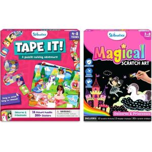 Skillmatics Tape It Unicorns and Princesses & Magical Scratch Art Book Unicorns and Princesses Bundle, Art & Craft Kits, Travel Toys, Gifts for Boys & Girls Ages 3, 4, 5, 6, 7, 8